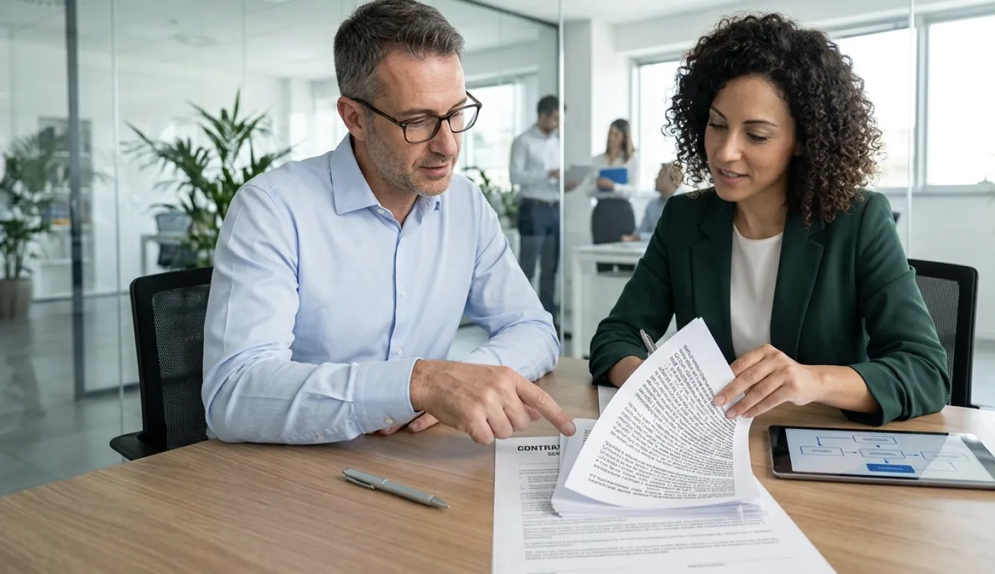 Consulenti under_score illustrano offerte e condizioni a un cliente