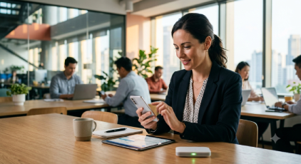 Donna con smartphone, connettività mobile per le aziende